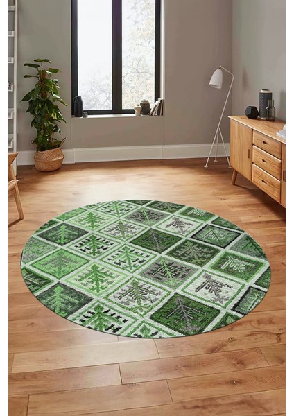 Baskılı Kaymaz Yıkanabilir Patchwork Desen Yuvarlak Mutfak Salon Halısı, Y-Patchwork-08-Yeşil, indirimleri