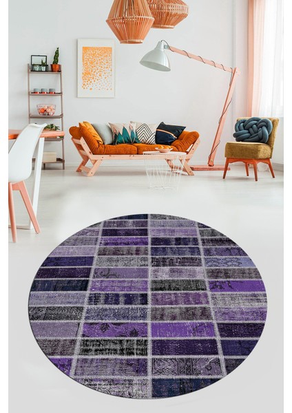 Baskılı Kaymaz Yıkanabilir Patchwork Desen Yuvarlak Mutfak Salon Halısı, Y-Patchwork-09-Mor,