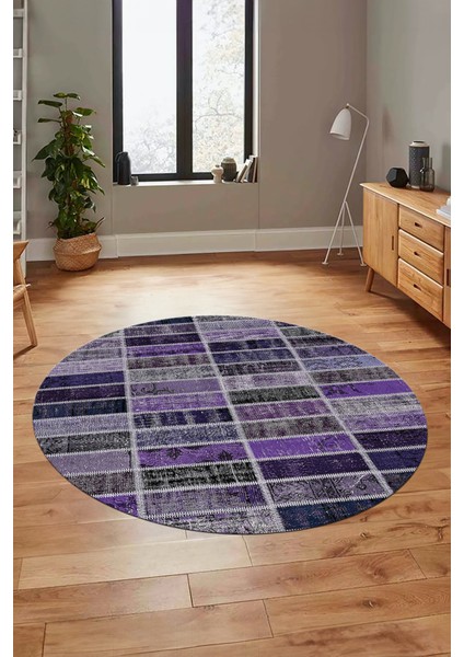 Baskılı Kaymaz Yıkanabilir Patchwork Desen Yuvarlak Mutfak Salon Halısı, Y-Patchwork-09-Mor, fırsatları