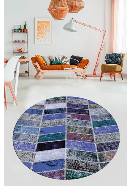 Baskılı Kaymaz Yıkanabilir Patchwork Desen Yuvarlak Mutfak Salon Halısı, Y-Patchwork-10-Mavi,