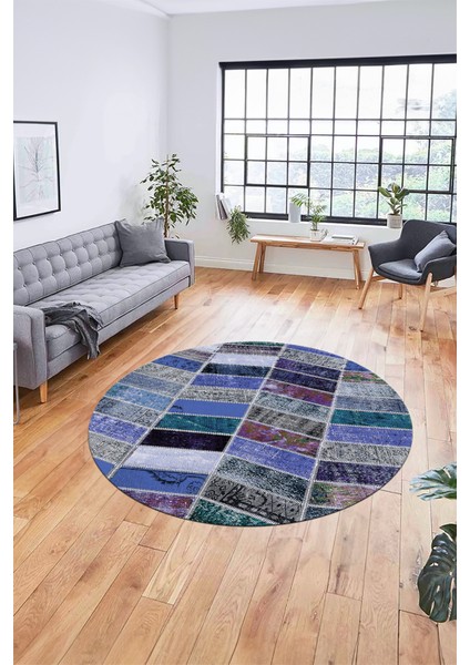 Baskılı Kaymaz Yıkanabilir Patchwork Desen Yuvarlak Mutfak Salon Halısı, Y-Patchwork-10-Mavi,