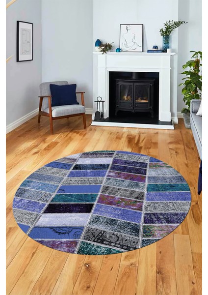 Baskılı Kaymaz Yıkanabilir Patchwork Desen Yuvarlak Mutfak Salon Halısı, Y-Patchwork-10-Mavi,