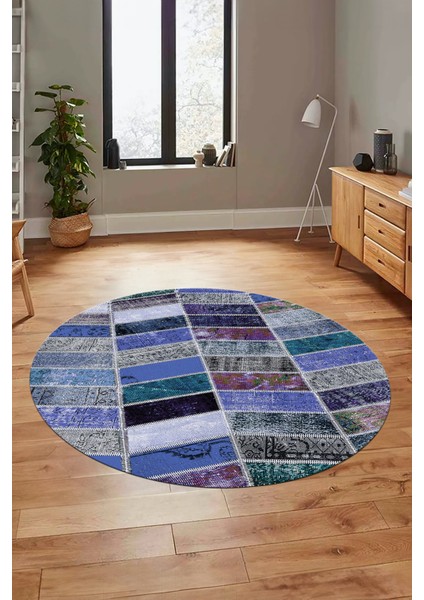 Baskılı Kaymaz Yıkanabilir Patchwork Desen Yuvarlak Mutfak Salon Halısı, Y-Patchwork-10-Mavi,