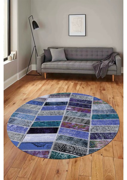 Baskılı Kaymaz Yıkanabilir Patchwork Desen Yuvarlak Mutfak Salon Halısı, Y-Patchwork-10-Mavi,