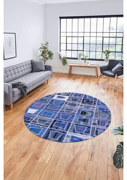 Baskılı Kaymaz Yıkanabilir Patchwork Desen Yuvarlak Mutfak Salon Halısı, Y-Patchwork-11-Mavi,