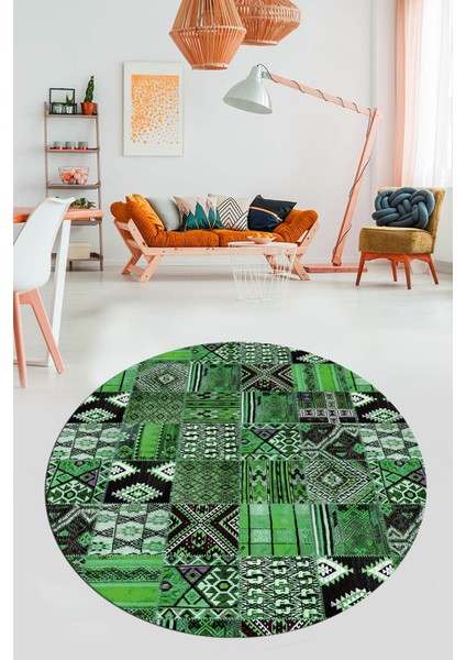 Baskılı Kaymaz Yıkanabilir Patchwork Desen Yuvarlak Mutfak Salon Halısı, Y-Patchwork-06-Yeşil, fiyatları