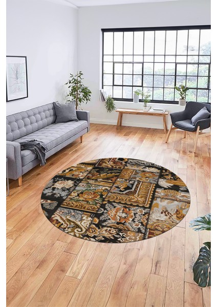 Baskılı Kaymaz Yıkanabilir Patchwork Desen Yuvarlak Mutfak Salon Halısı, Y-Patchwork-12-Kahve,