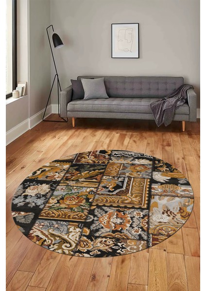 Baskılı Kaymaz Yıkanabilir Patchwork Desen Yuvarlak Mutfak Salon Halısı, Y-Patchwork-12-Kahve, fırsatları