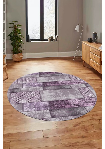 Baskılı Kaymaz Yıkanabilir Patchwork Desen Yuvarlak Mutfak Salon Halısı, Y-Patchwork-18-Mor,