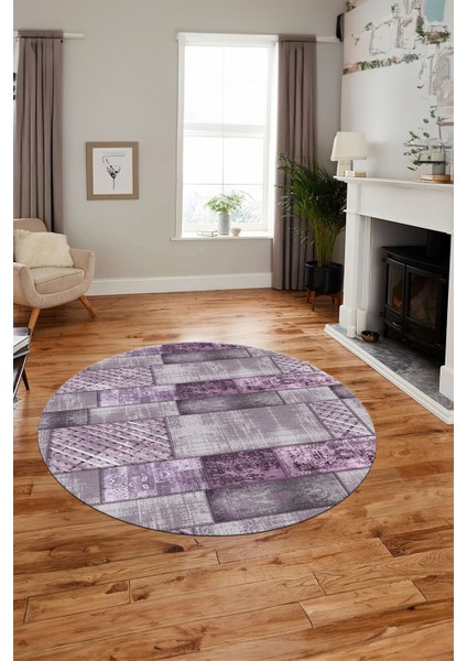 Baskılı Kaymaz Yıkanabilir Patchwork Desen Yuvarlak Mutfak Salon Halısı, Y-Patchwork-18-Mor, modelleri