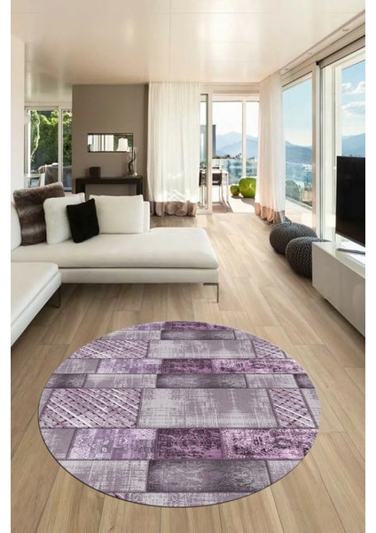 Baskılı Kaymaz Yıkanabilir Patchwork Desen Yuvarlak Mutfak Salon Halısı, Y-Patchwork-18-Mor, fırsatları