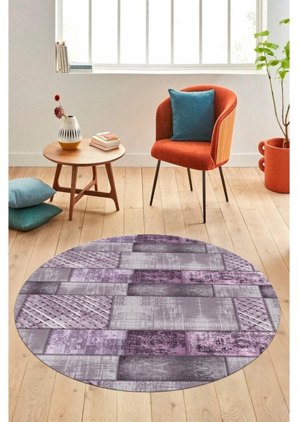 Baskılı Kaymaz Yıkanabilir Patchwork Desen Yuvarlak Mutfak Salon Halısı, Y-Patchwork-18-Mor, indirimleri