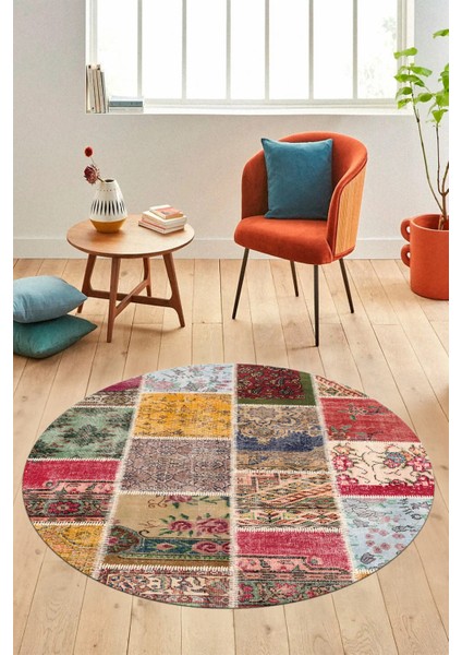 Baskılı Kaymaz Yıkanabilir Patchwork Desen Yuvarlak Mutfak Salon Halısı, Y-Patchwork-04-Renkli,