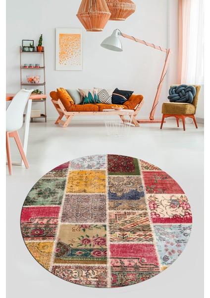 Baskılı Kaymaz Yıkanabilir Patchwork Desen Yuvarlak Mutfak Salon Halısı, Y-Patchwork-04-Renkli,