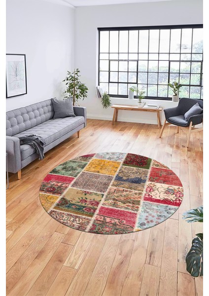 Baskılı Kaymaz Yıkanabilir Patchwork Desen Yuvarlak Mutfak Salon Halısı, Y-Patchwork-04-Renkli,