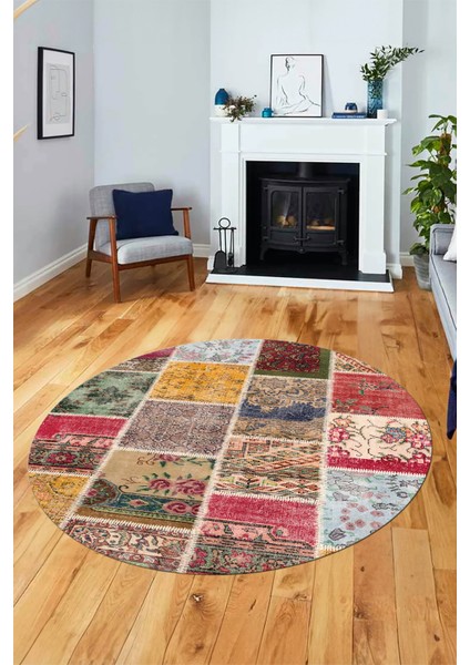 Baskılı Kaymaz Yıkanabilir Patchwork Desen Yuvarlak Mutfak Salon Halısı, Y-Patchwork-04-Renkli,