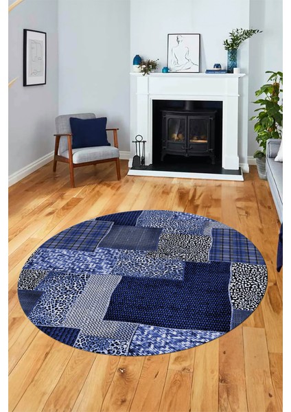 Baskılı Kaymaz Yıkanabilir Patchwork Desen Yuvarlak Mutfak Salon Halısı, Y-Patchwork-15-Mavi,