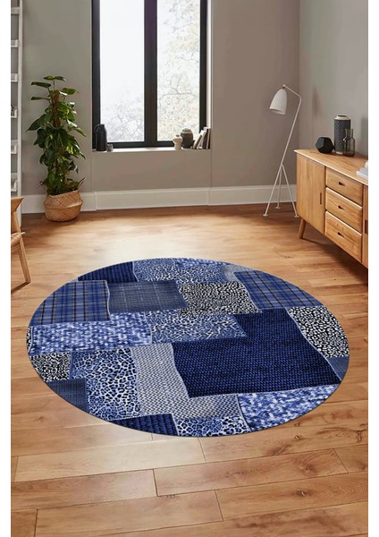 Baskılı Kaymaz Yıkanabilir Patchwork Desen Yuvarlak Mutfak Salon Halısı, Y-Patchwork-15-Mavi, fiyatları