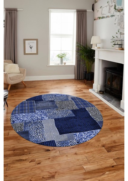 Baskılı Kaymaz Yıkanabilir Patchwork Desen Yuvarlak Mutfak Salon Halısı, Y-Patchwork-15-Mavi, fırsatları
