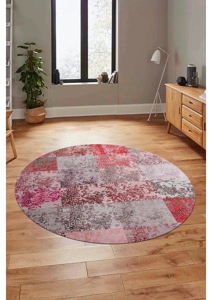 Baskılı Kaymaz Yıkanabilir Patchwork Desen Yuvarlak Mutfak Salon Halısı, Y-Patchwork-17-Kırmızı,