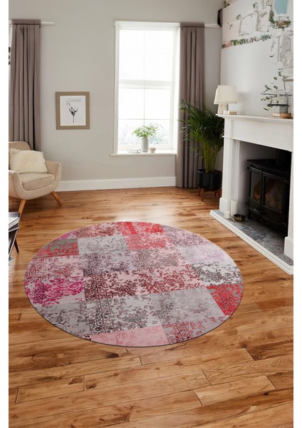 Baskılı Kaymaz Yıkanabilir Patchwork Desen Yuvarlak Mutfak Salon Halısı, Y-Patchwork-17-Kırmızı, modelleri