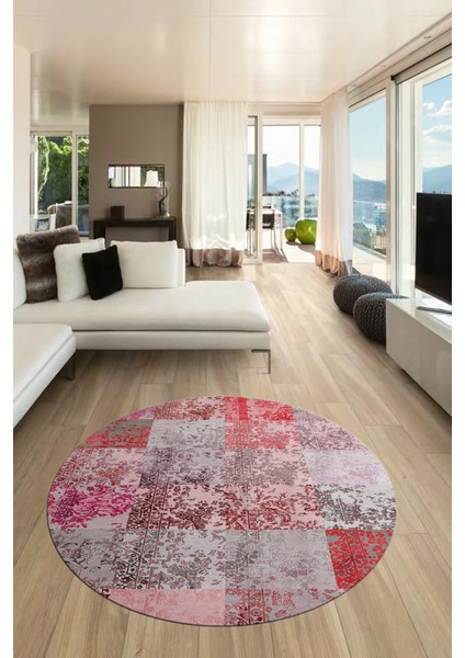 Baskılı Kaymaz Yıkanabilir Patchwork Desen Yuvarlak Mutfak Salon Halısı, Y-Patchwork-17-Kırmızı, fırsatları