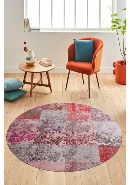 Baskılı Kaymaz Yıkanabilir Patchwork Desen Yuvarlak Mutfak Salon Halısı, Y-Patchwork-17-Kırmızı, indirimleri