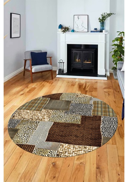 Baskılı Kaymaz Yıkanabilir Patchwork Desen Yuvarlak Mutfak Salon Halısı, Y-Patchwork-15-Kahve,