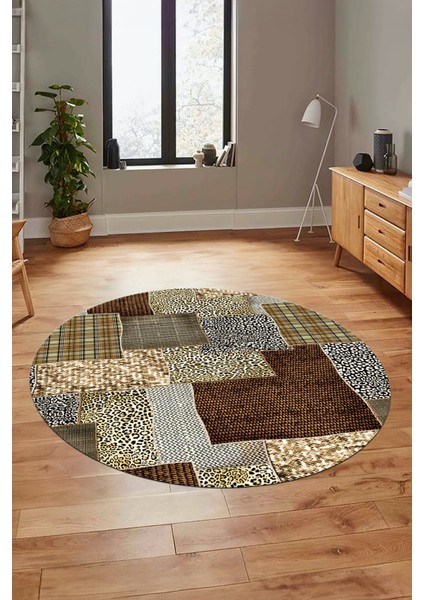Baskılı Kaymaz Yıkanabilir Patchwork Desen Yuvarlak Mutfak Salon Halısı, Y-Patchwork-15-Kahve, fiyatları