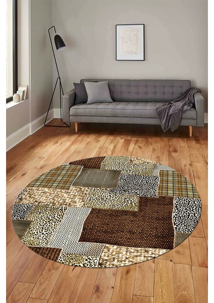 Baskılı Kaymaz Yıkanabilir Patchwork Desen Yuvarlak Mutfak Salon Halısı, Y-Patchwork-15-Kahve, modelleri
