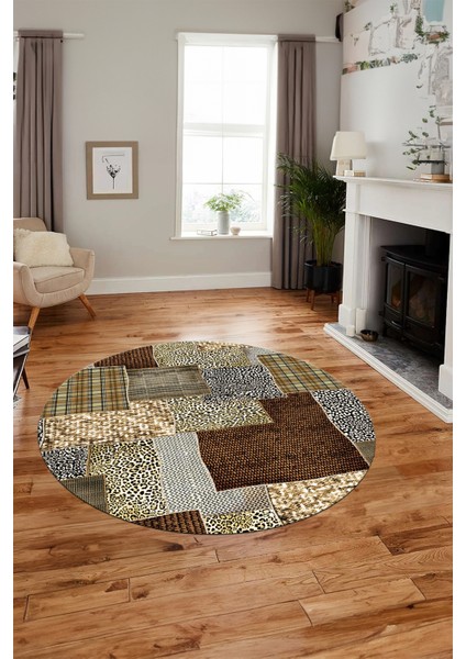 Baskılı Kaymaz Yıkanabilir Patchwork Desen Yuvarlak Mutfak Salon Halısı, Y-Patchwork-15-Kahve, fırsatları