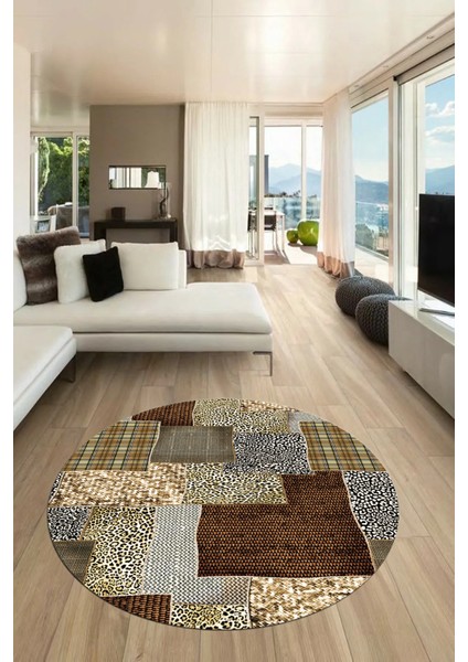Baskılı Kaymaz Yıkanabilir Patchwork Desen Yuvarlak Mutfak Salon Halısı, Y-Patchwork-15-Kahve, indirimleri