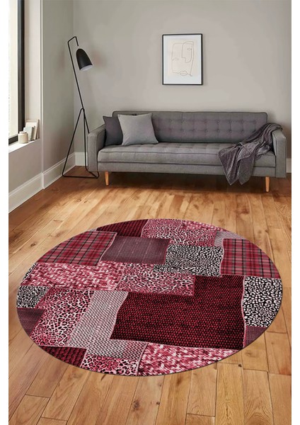 Baskılı Kaymaz Yıkanabilir Patchwork Desen Yuvarlak Mutfak Salon Halısı, Y-Patchwork-15-Kırmızı,