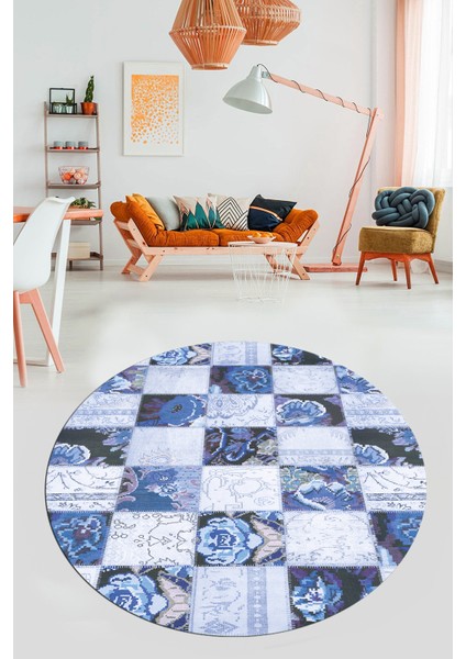 Baskılı Kaymaz Yıkanabilir Patchwork Desen Yuvarlak Mutfak Salon Halısı, Y-Patchwork-19-Mavi, indirimleri
