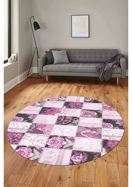 Baskılı Kaymaz Yıkanabilir Patchwork Desen Yuvarlak Mutfak Salon Halısı, Y-Patchwork-19-Pembe,