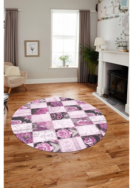 Baskılı Kaymaz Yıkanabilir Patchwork Desen Yuvarlak Mutfak Salon Halısı, Y-Patchwork-19-Pembe,