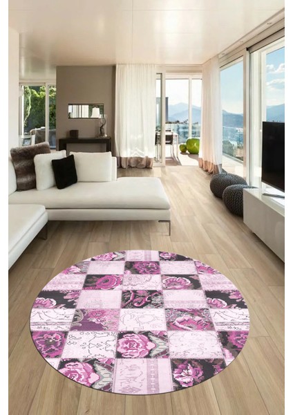 Baskılı Kaymaz Yıkanabilir Patchwork Desen Yuvarlak Mutfak Salon Halısı, Y-Patchwork-19-Pembe,