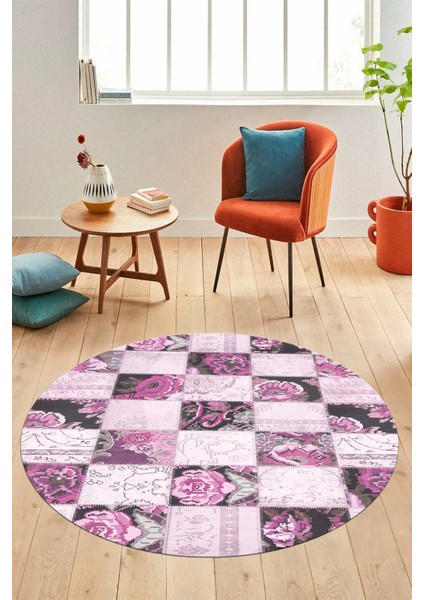 Baskılı Kaymaz Yıkanabilir Patchwork Desen Yuvarlak Mutfak Salon Halısı, Y-Patchwork-19-Pembe,