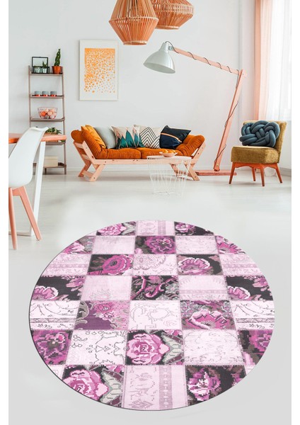 Baskılı Kaymaz Yıkanabilir Patchwork Desen Yuvarlak Mutfak Salon Halısı, Y-Patchwork-19-Pembe,