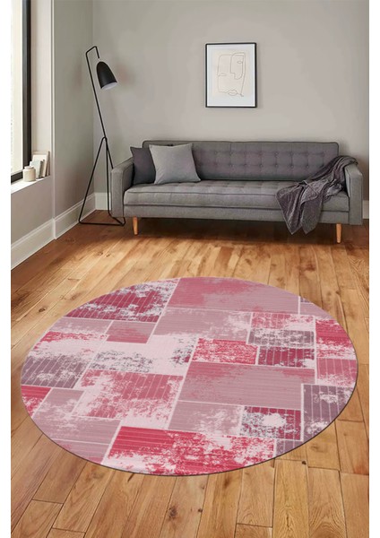 Baskılı Kaymaz Yıkanabilir Patchwork Desen Yuvarlak Mutfak Salon Halısı, Y-Patchwork-20-Kırmızı,
