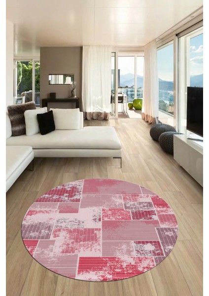 Baskılı Kaymaz Yıkanabilir Patchwork Desen Yuvarlak Mutfak Salon Halısı, Y-Patchwork-20-Kırmızı, modelleri