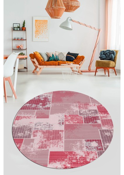Baskılı Kaymaz Yıkanabilir Patchwork Desen Yuvarlak Mutfak Salon Halısı, Y-Patchwork-20-Kırmızı, indirimleri