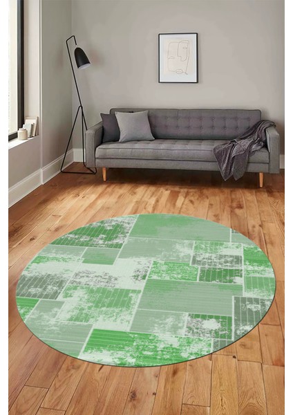 Baskılı Kaymaz Yıkanabilir Patchwork Desen Yuvarlak Mutfak Salon Halısı, Y-Patchwork-20-Yeşil,