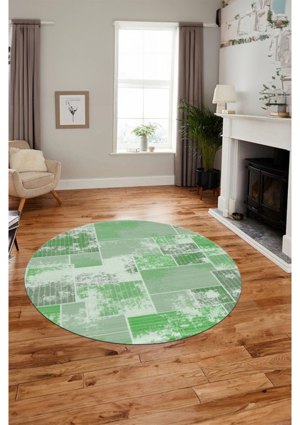 Baskılı Kaymaz Yıkanabilir Patchwork Desen Yuvarlak Mutfak Salon Halısı, Y-Patchwork-20-Yeşil,