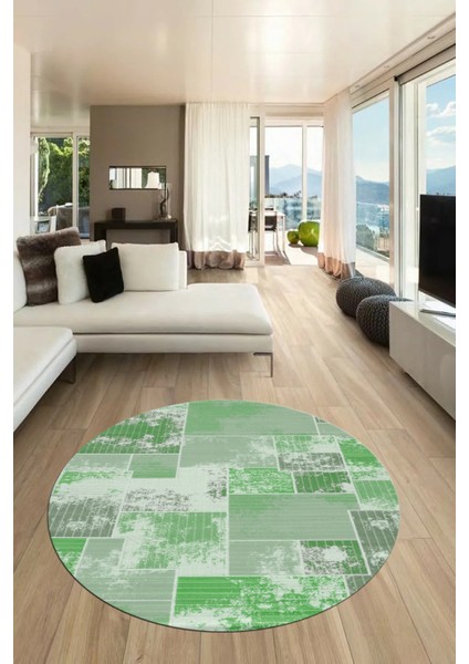 Baskılı Kaymaz Yıkanabilir Patchwork Desen Yuvarlak Mutfak Salon Halısı, Y-Patchwork-20-Yeşil,