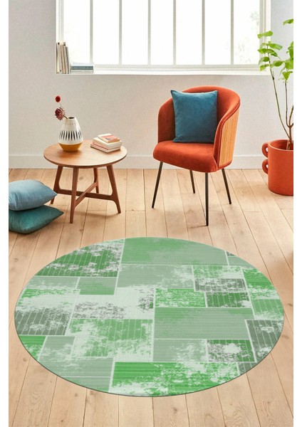 Baskılı Kaymaz Yıkanabilir Patchwork Desen Yuvarlak Mutfak Salon Halısı, Y-Patchwork-20-Yeşil,