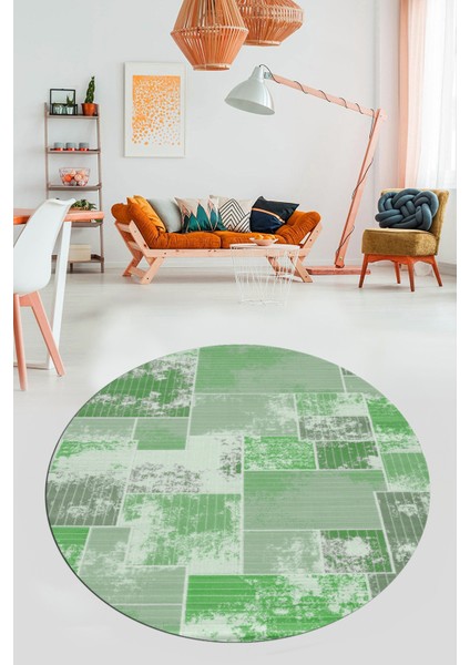 Baskılı Kaymaz Yıkanabilir Patchwork Desen Yuvarlak Mutfak Salon Halısı, Y-Patchwork-20-Yeşil,