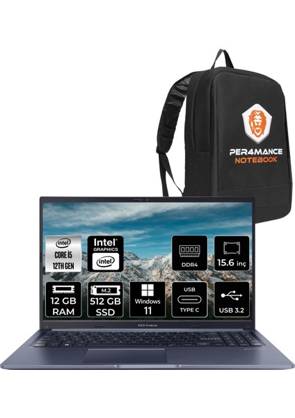 Vivobook 15 Intel Core I5 1235U 12GB 512GB SSD 15.6'' Fhd W11P Taşınabilir Bilgisayar X1502ZA-EJ1644 & Per4 Çanta EJ1644P95