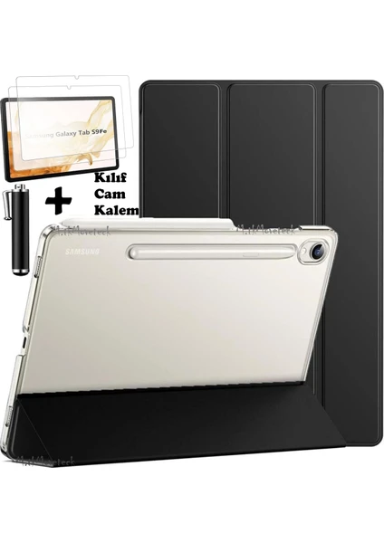 MTK Moveteck Samsung Galaxy Tab S9 Fe 10.9 Inç SM-X510 Tablet Kılıfı Şeffaf Standlı Kılıf + Ekran Koruyucu Cam + Kalem 3'lü Set