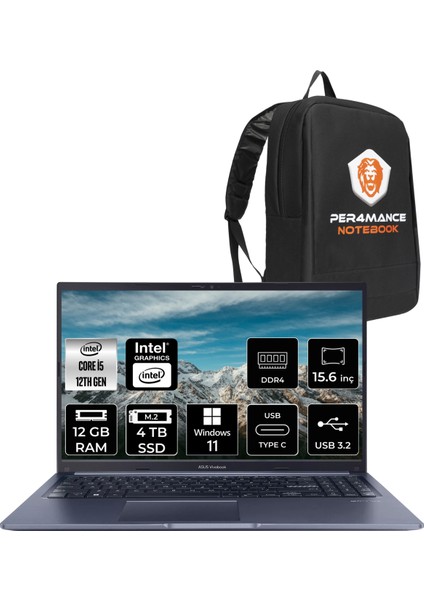 Vivobook 15 Intel Core I5 1235U 12GB 4tb SSD 15.6'' Fhd W11H Taşınabilir Bilgisayar X1502ZA-EJ1644 & Per4 Çanta EJ1644P73